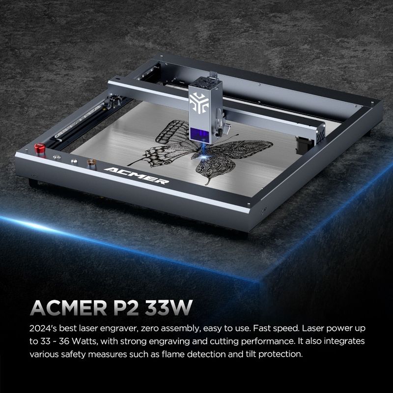 ACMER P2 33W máquina de corte de grabador láser, grabador láser de escritorio de madera y cortador alta velocidad 30000mm / min